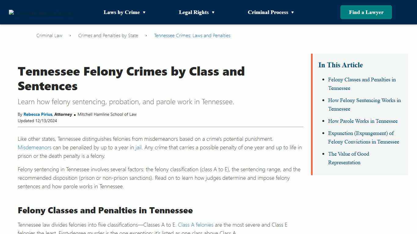 Tennessee Felony Crimes: Classes, Fines and Prison Time