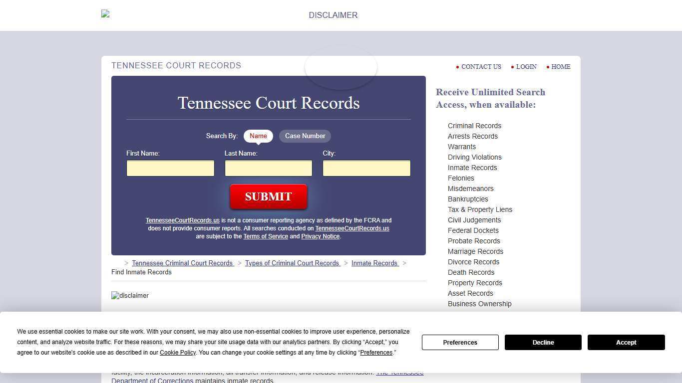 Tennessee Inmate Search | TennesseeCourtRecords.us